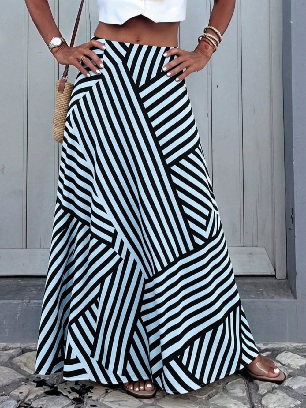 Light Blue Casual Elegant Women's Striped Print A-Line Fiber Skirt